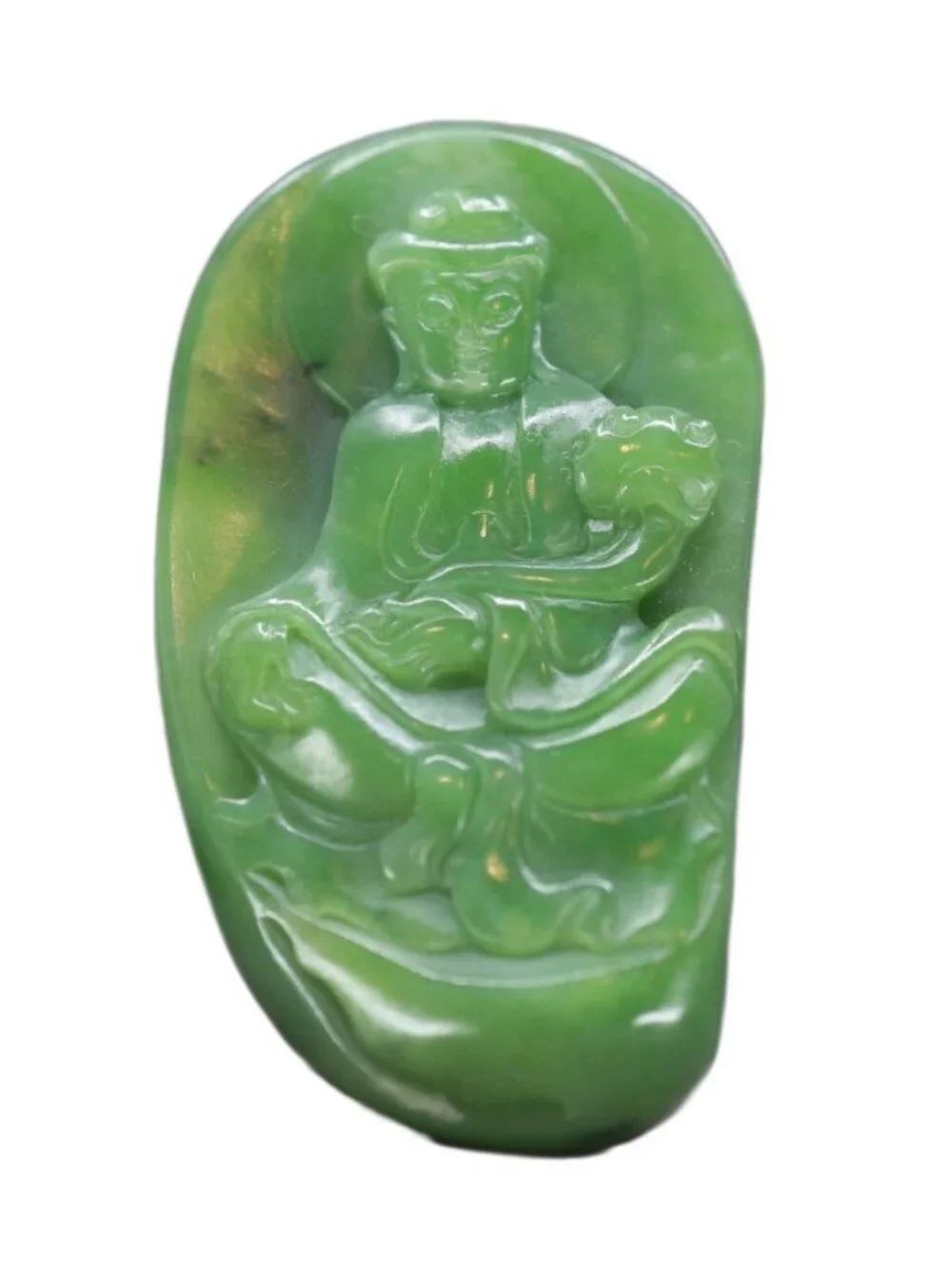 Chinese Green Hetian Jade Pendant w Guanyin & Ruyi